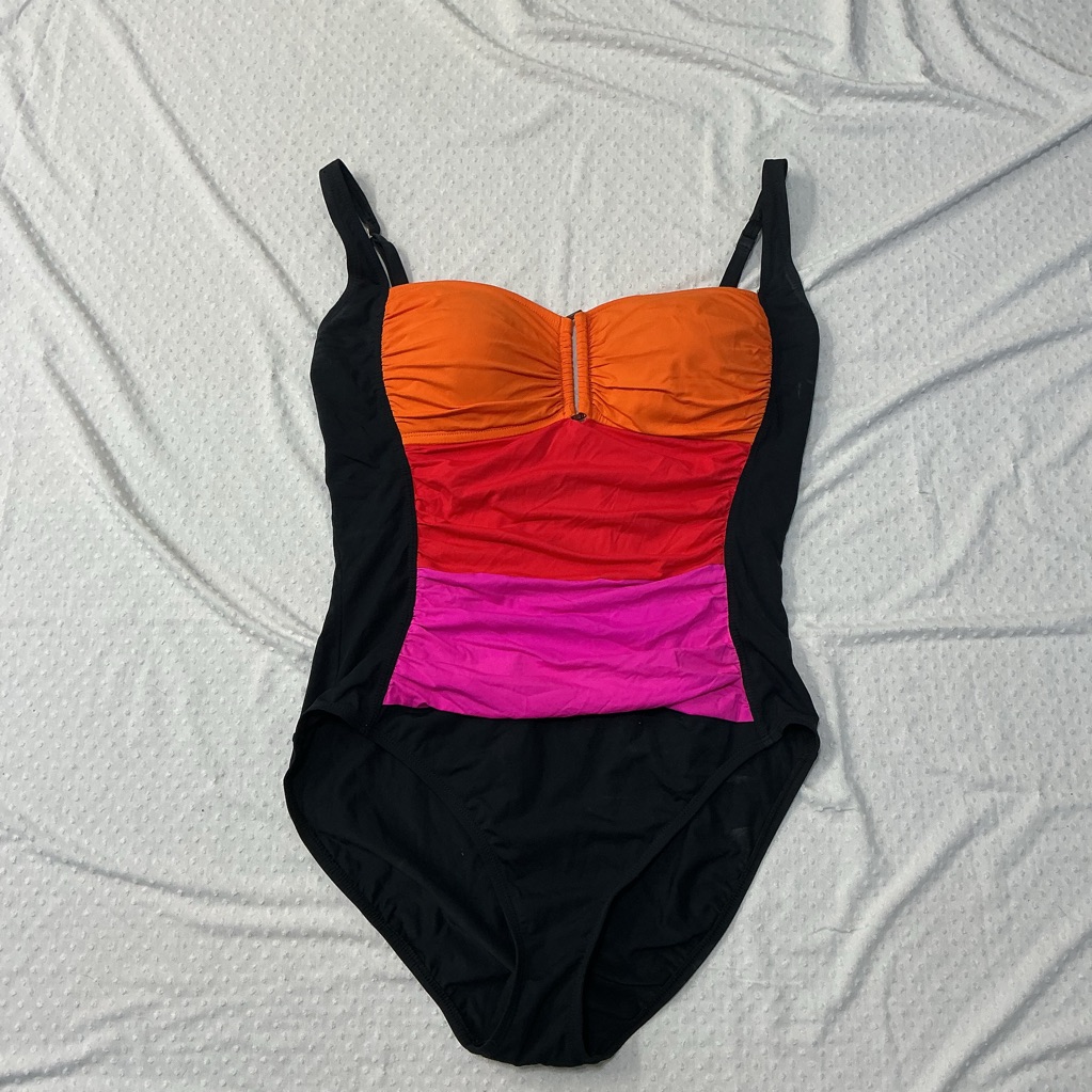 Bleu By Rod Beattie One Piece Ruched Black & Neon Swimsuit Size 12